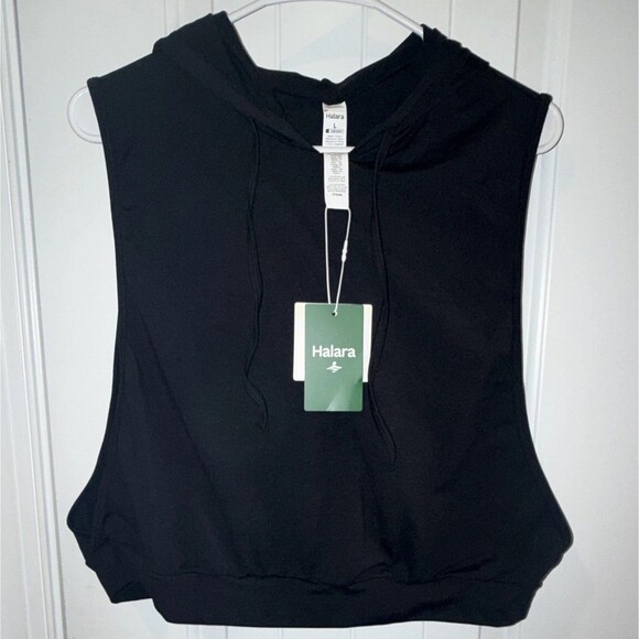 HALARA Tops - Halara Black Sleeveless Cropped Drawstring Hoodie Tank NWT Large